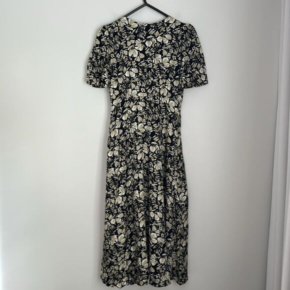The Kooples Floral Twill Midi Dress Size 1 Black Beige Puff Sleeve Button Front - Picture 3 of 16